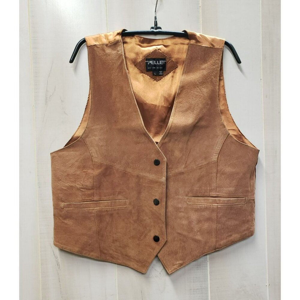 Pelle Brown Suede Leather Vest, Mens Large, Satin Tie Back, Snap Front, Pockets